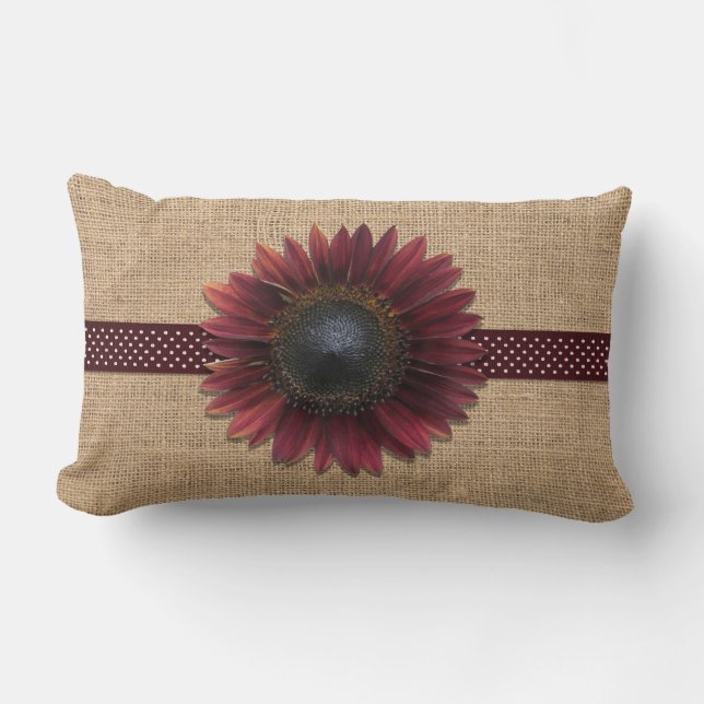 Pillow - Lumbar - Burlap en Bordeaux Sunflower Kussen (Voorkant)