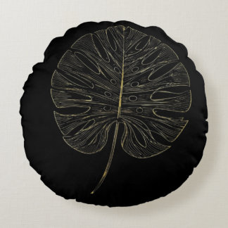 Pillow Luxe Gold Monstera Leaf Botanical Decor Rond Kussen