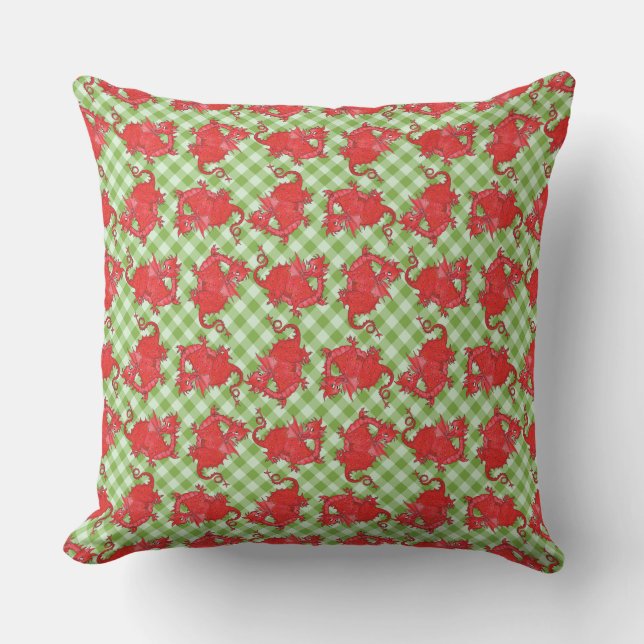 Pillow of Cushion Cute Red Dragon op Green Gingham Kussen (Voorkant)