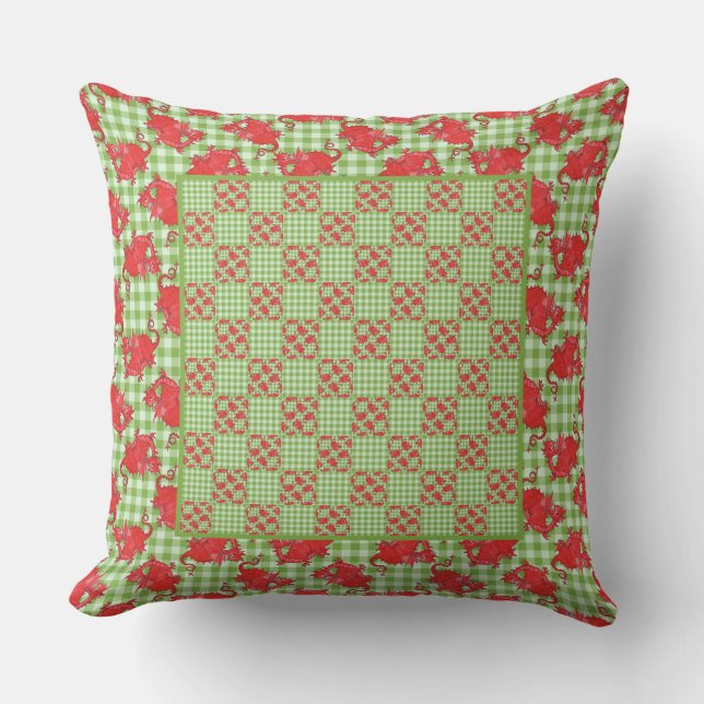 Pillow of Cushion Cute Red Dragon op Green Gingham Kussen (Voorkant)