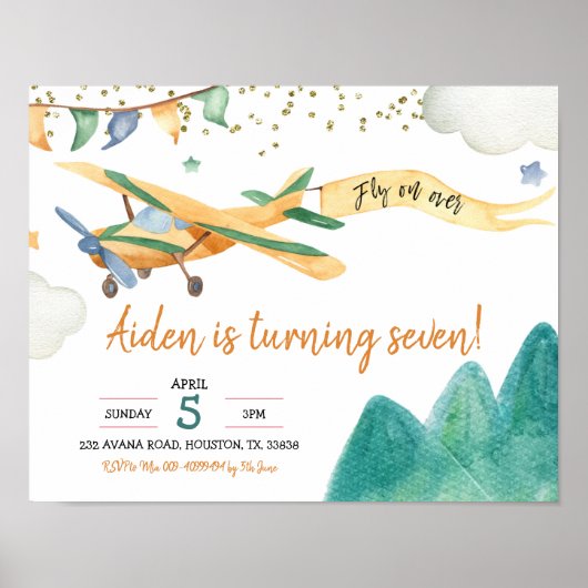 Piloot Airplane Boy Birthday Party Invitation Poster (Voorkant)