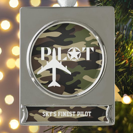 Piloot & Militair vliegtuig, Camouflage, Minimalis Verzilverd Banner Ornament