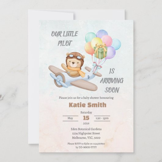 Piloot Teddybeer Babyshower Uitnodiging (Voorkant)