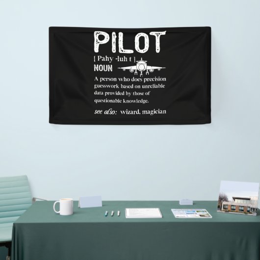 Pilootdefinitie die het vliegtuig overvliegt spandoek (Beurs)