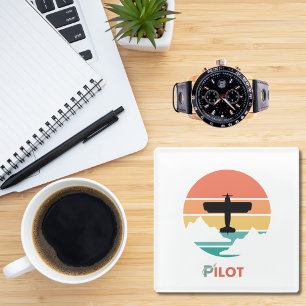 Piloottypografie, retro, eenvoudig vliegtuig GL Glazen Onderzetter