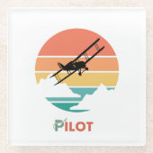 Piloottypografie, retro, eenvoudig vliegtuig GL Glazen Onderzetter (Voorkant)