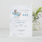 Pilot Bear Airplane 1st Birthday Party Invitation Kaart (Staand voorkant)