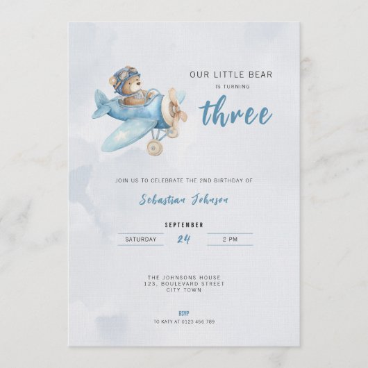 Pilot Bear Airplane 3rd Birthday Party Invitation Kaart (Voorkant)