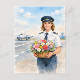 Pilot holds flowers standing on runway  briefkaart