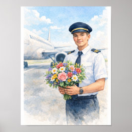 Pilot holds flowers standing on the runway  poster