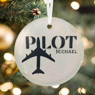 Pilot-lettertype & Vliegtuig,Minimalistisch Gepers Glas Ornament