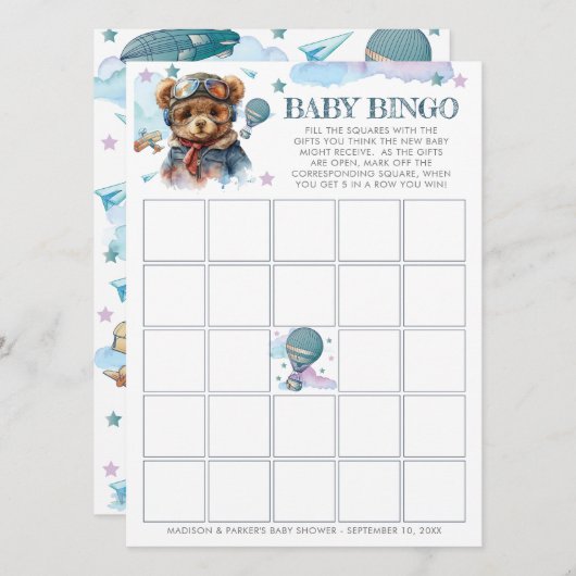Pilot Teddy Bear Baby shower Baby Bingo Kaart (Voorkant / Achterkant)