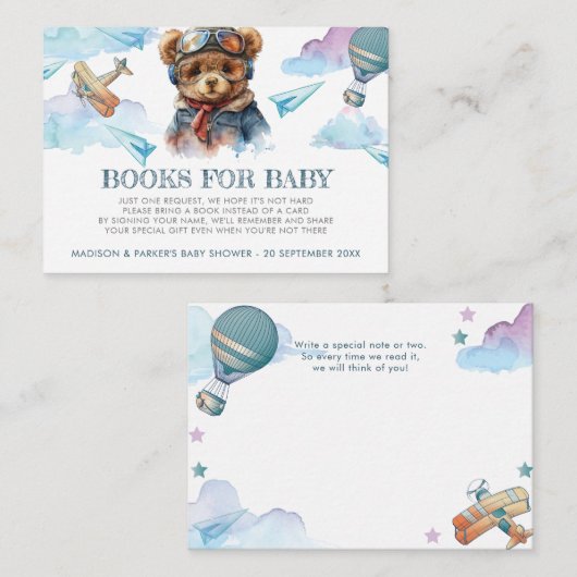 Pilot Teddy Bear Baby shower Boeken voor Baby Informatiekaartje (Voorkant / Achterkant)