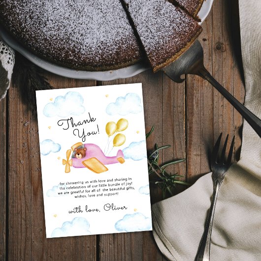 Pilot Teddy Bear Balloon Airplane Baby Shower  Bedankkaart