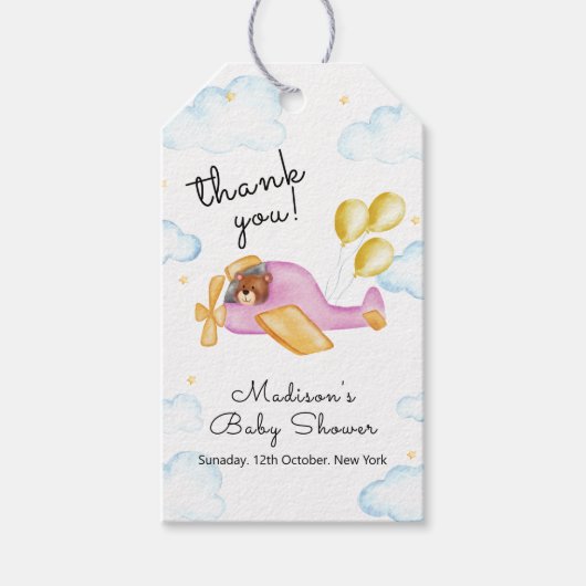 Pilot Teddy Bear Balloon Airplane Baby Shower  Cadeaulabel (Voorkant)
