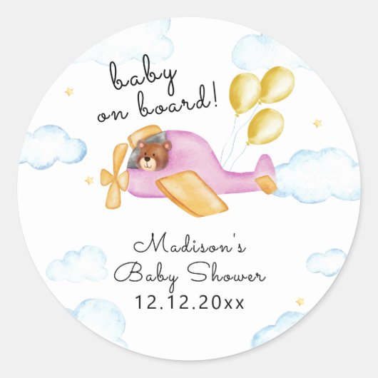 Pilot Teddy Bear Balloon Airplane Baby Shower  Ronde Sticker (Voorkant)