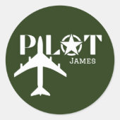 Pilot Typografie & Vliegtuig Militair Groen Custom Ronde Sticker (Voorkant)