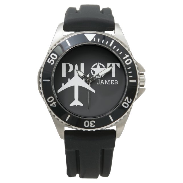 Pilot Typografie & Vliegtuig Minimalist Personalis Horloge (Voorkant)