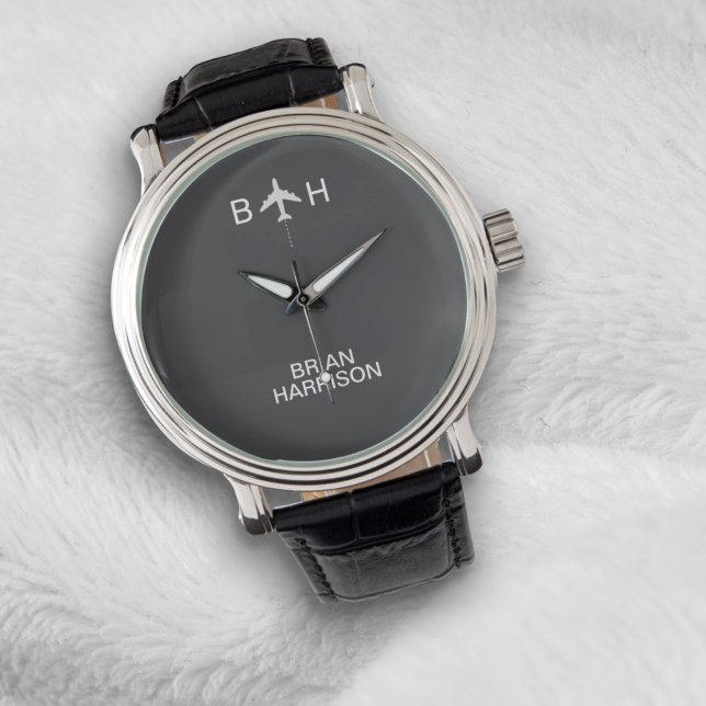 Pilotenhorloge Modern Vliegtuig Monogram Grijs Horloge (Creator heeft geüpload)