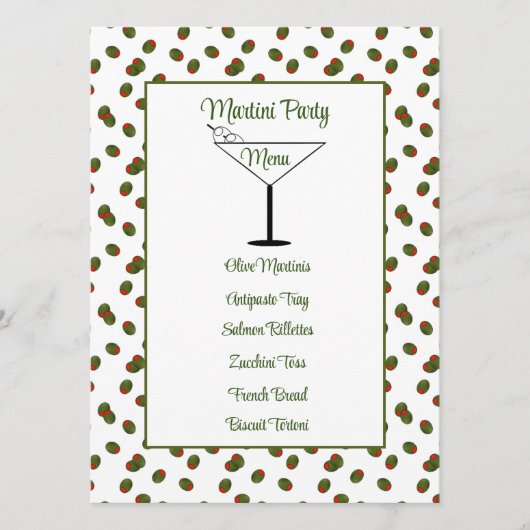 Pimento Olife Martini Party Menu Kaart (Voorkant)