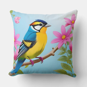 🐦 Pimpelmees botanische kunst voor lente ruimtes  Kussen
