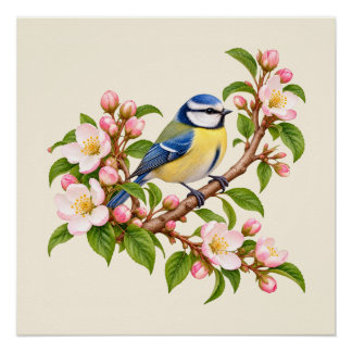 Pimpelmees op bloeiende tak botanische vogel perfect poster