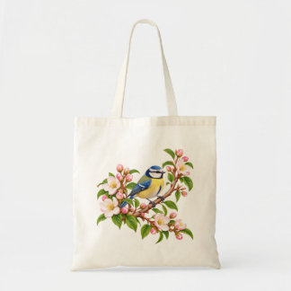 Pimpelmees op bloesemtak botanische vogel tote bag