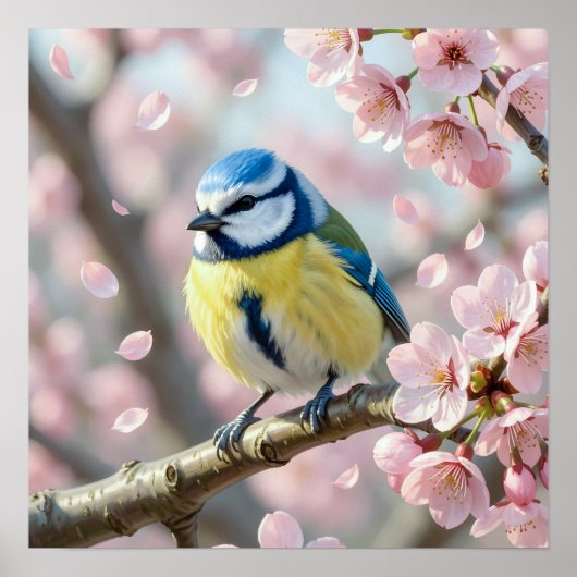 Pimpelmees op Kersenbloesem Boom Lente Poster (Voorkant)