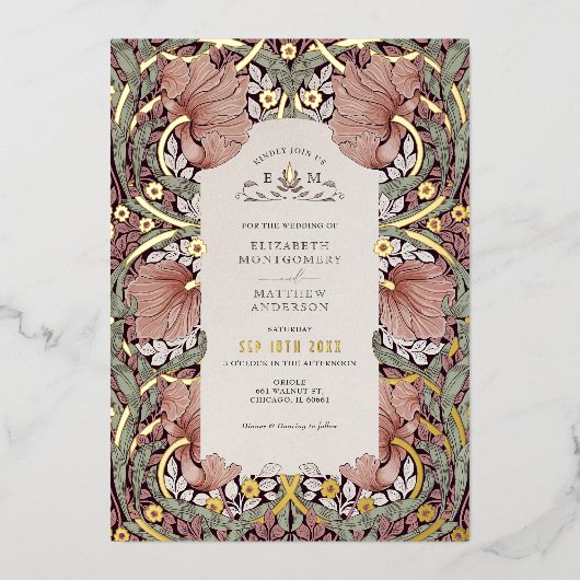 Pimpernel Pattern William Morris Folie Uitnodiging (Voorkant)