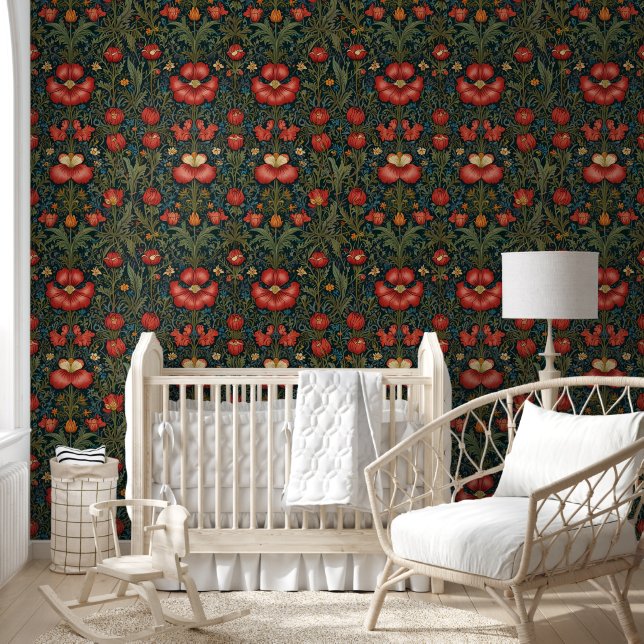 Pimpernel rood groen patroon William Morris Style Behang (Kinderen)