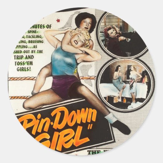 Pin Down Meisje  Lady Wrestlers Poster Ronde Sticker (Voorkant)