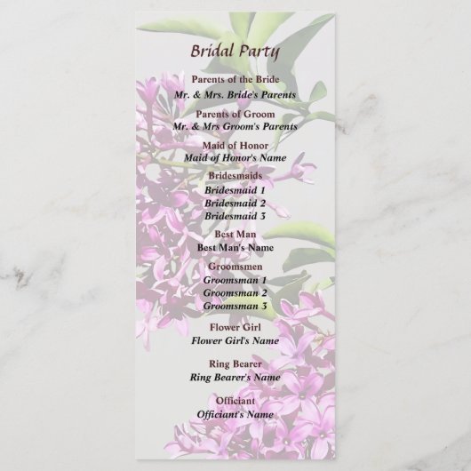 Pin Lilacs and Leaves Wedding Program Programmakaart (Achterkant)