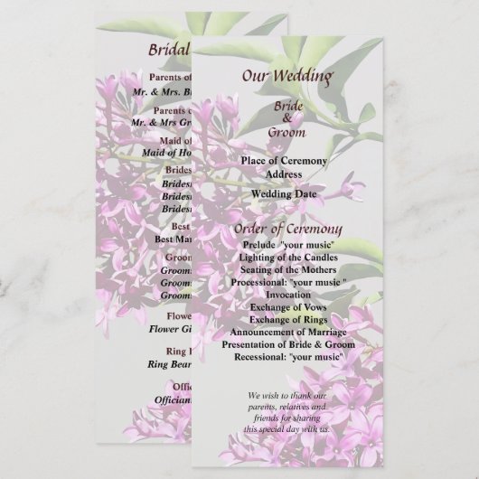 Pin Lilacs and Leaves Wedding Program Programmakaart (Voorkant / Achterkant)