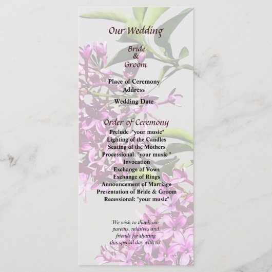 Pin Lilacs and Leaves Wedding Program Programmakaart (Voorkant)