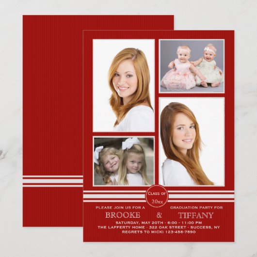 Pin Stripe Four Photo Red Afstuderen Invitation Kaart (Voorkant / Achterkant)