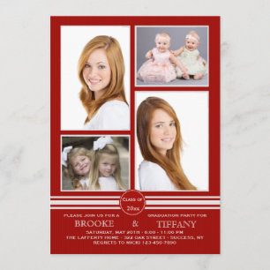 Pin Stripe Four Photo Red Afstuderen Invitation Kaart