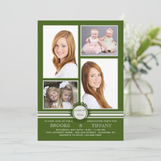 Pin Stripe Vier Foto Afstudeer Uitnodiging (Staand voorkant)