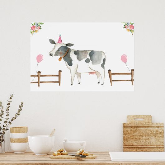 Pin the Tail Koe Farm Animals Girl Birthday Roze Poster (Keuken)