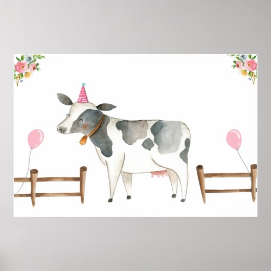 Pin the Tail Koe Farm Animals Girl Birthday Roze Poster (Voorkant)