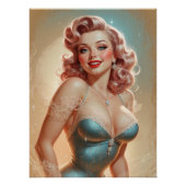 Pin-Up Blonde Glamour Robe Bleue Dentelle Perfect Poster (Voorkant)