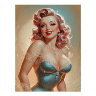 Pin-Up Blonde Glamour Robe Bleue Dentelle Perfect Poster