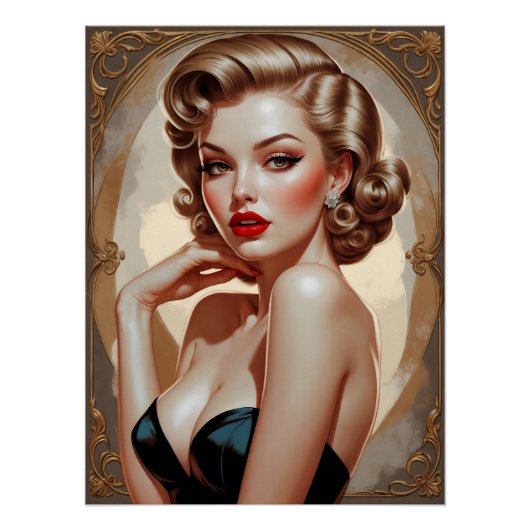 Pin-up Blonde Inspirée Art Deco tonen Perfect Poster (Voorkant)