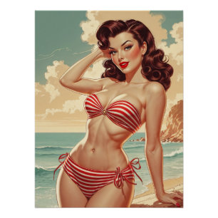 Pin-Up Brune-afbeelding in Bikini Rayé Rouge en Bl Perfect Poster