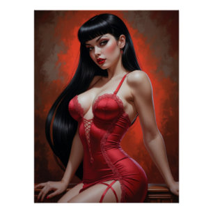 Pin-up Brune Sensuelle en Red Robe Perfect Poster