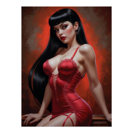 Pin-up Brune Sensuelle en Red Robe Perfect Poster (Voorkant)