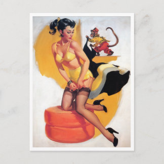 Pin Up Brunette Monkey Business Vintage Briefkaart