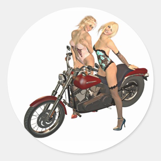 Pin-up fietsmeisjes ronde sticker (Voorkant)