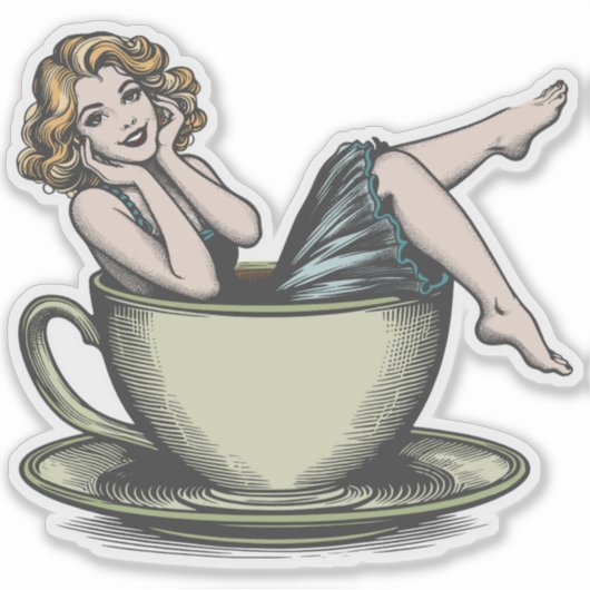 Pin-up Girl Koffieverslaafde Sticker (Voorkant)