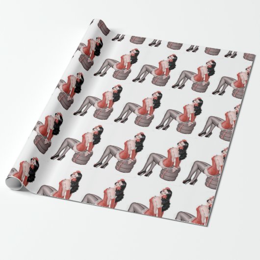 Pin Up Girl op banden Cadeaupapier (Uitgerold)