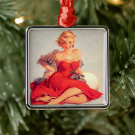 Pin Up Girl Red Dress en Roos Metalen Ornament